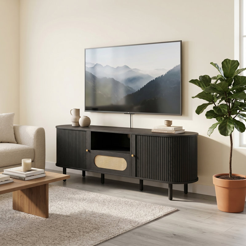 Console de télévision avec tablettes réglables et porte coulissante, H 22,4 po x L 70,1 po x l 22,4 po, Noir