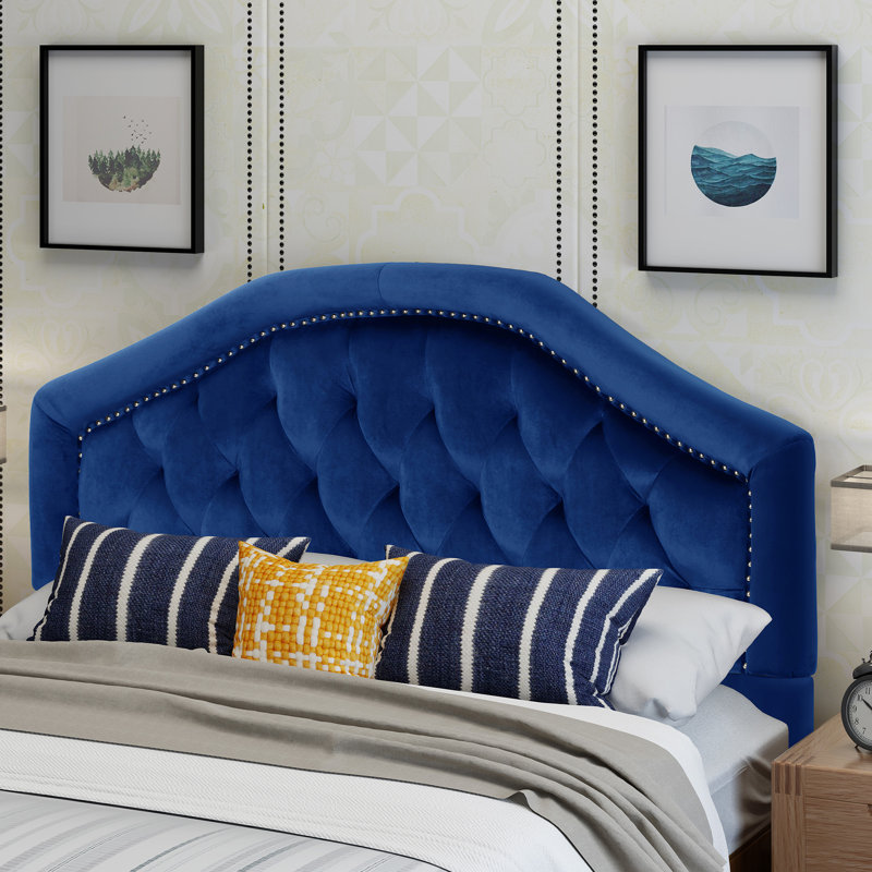 Danni Upholstered Metal Panel Headboard, Polyester Blend Navy Blue, Full / Double
