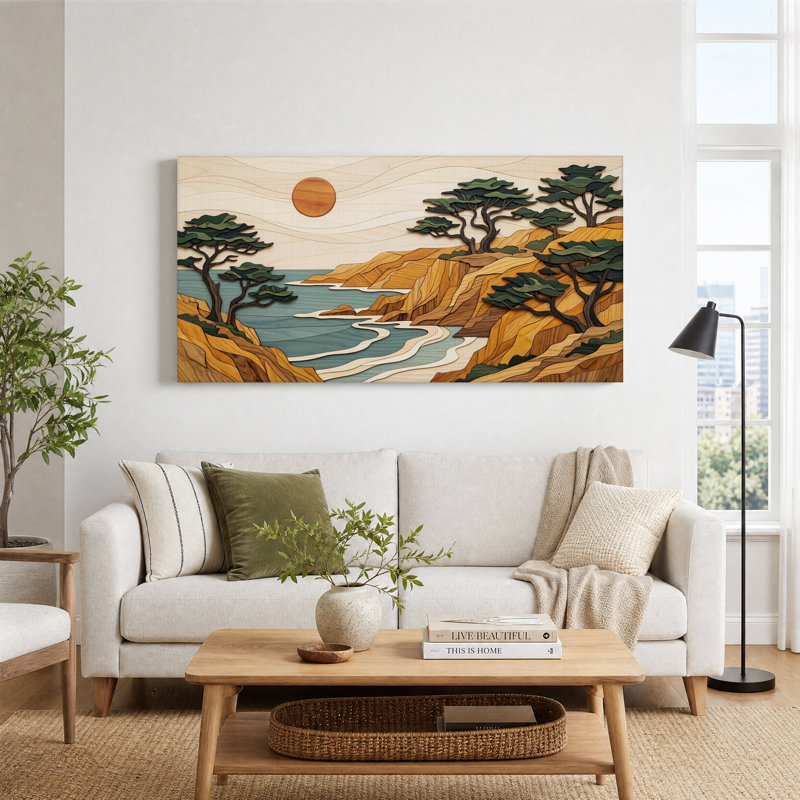 «Layered Wood Coastal Landscape», art mural sur toile, 46“W x 24”H