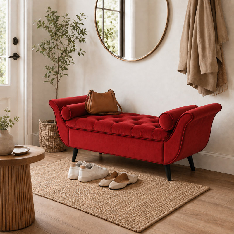 Velvet Upholstered Storage Bench, Red