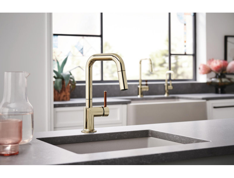 Odin® Bar Faucet with Square Spout, Polished Gold, Wood Lever