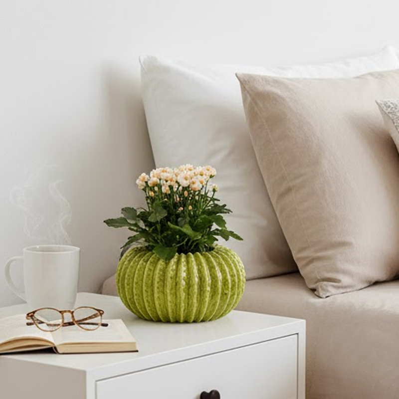 Pot décoratif en forme de melon, texture nervurée verticale, céramique verte, H 7 po x l 13 po x P 13 po