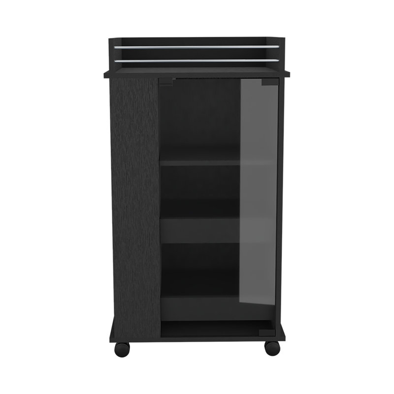 Chariot-bar avec tablettes à deux côtés Beaver, porte vitrée et surface supérieure, Noir