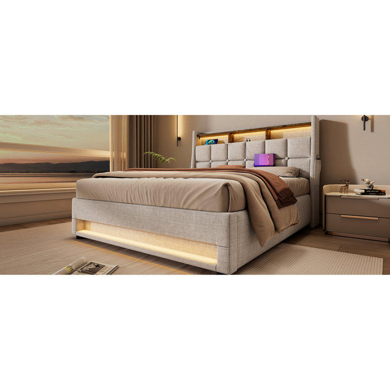 Modern Upholstered Queen Bed With Socket & Led Decor - Natural Platform Hydraulic Storage System Colorful Linen, Natural