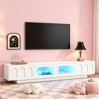 TV Stand With Fluted Tempered Glass Doors For Tvs Up To 95'', Functional Media Console, Entertainment Center With APP-Controlled LED Light, White