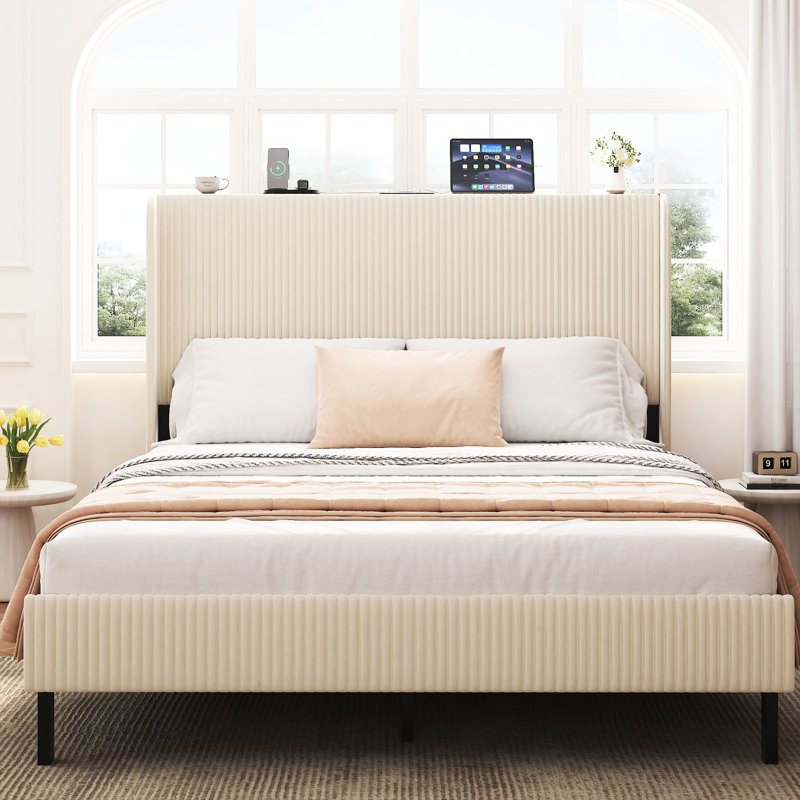 Lit plateforme grand bruit avec tête de lit à chargement, fabrication en métal, durabilité de longue durée, pas de sommier tapissier nécessaire, structure facile à installer, couleur beige, structure de support, rapide