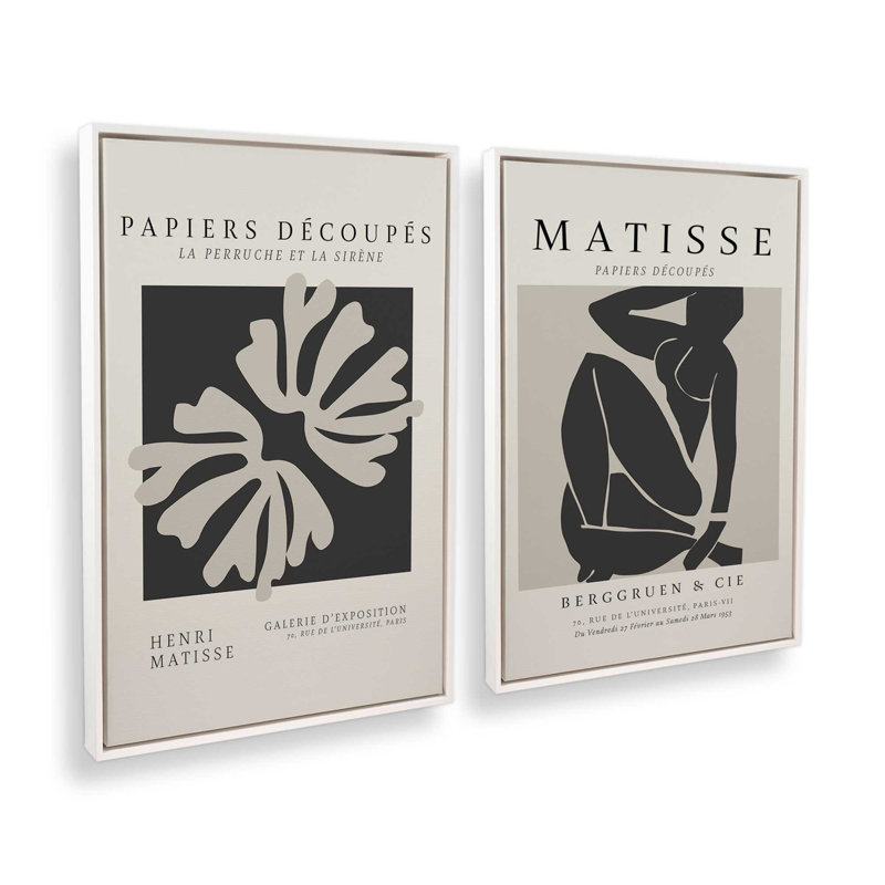 Ensemble de 2 Matisse La Perruche et Nus Noir, H 13 po x l 18 po, Cadre flottant blanc opaque