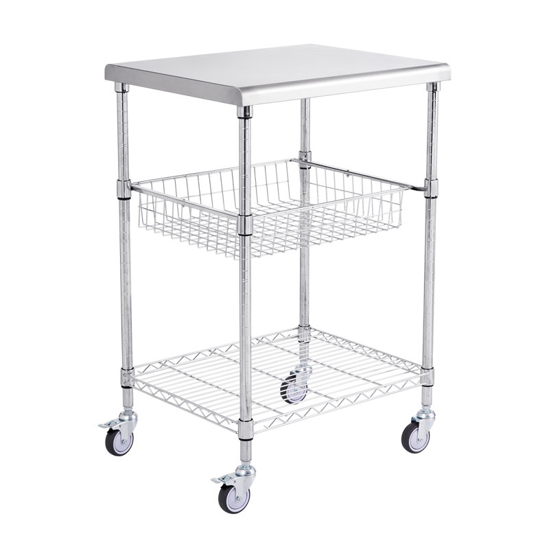 Chariot de service 86 x 58 x 17 cm (33,86 x 22,83 x 6,69 pouces) en acier inoxydable noir, monobloc, à 3 niveaux de rangement ouverts