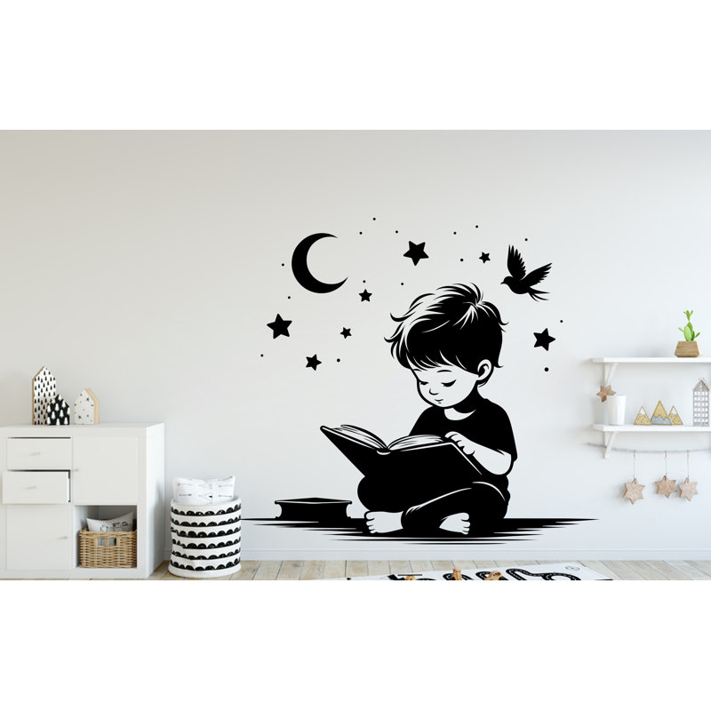 Un petit garçon lisant un livre, un adhésif pour la bibliothèque, une décoration murale, un livre, H 20 po x l 17 po, Lilas