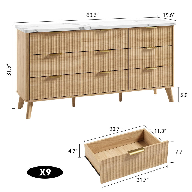 Commode cannelée beige à 9 tiroirs - Commode en bois moderne avec rangement profond pour l'organisation de la chambre à coucher