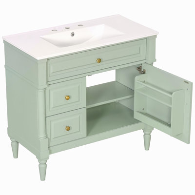 Meuble-lavabo de 36 po avec lavabo, armoire de salle de bain autoportante avec lavabo en céramique, tiroir rabattable, tablette réglable, structure en bois d'hévéa et panneaux de fibres à densité moyenne, poignées en métal, finition peinte en vert