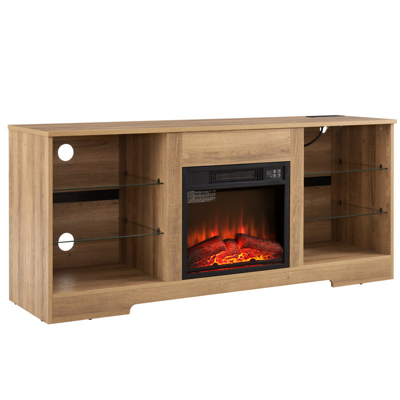 Meuble télé 58 po avec foyer électrique, chêne, pour téléviseur de 60 à 69 po, présentoir à flamme réglable, console en verre 7 couleurs, chargement, téléviseur 60 à 69 po, chêne de 58 po