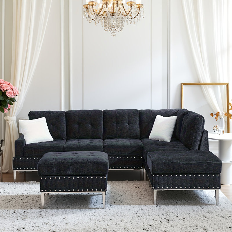 Canapé modulaire 102 po à 3 places (bleu marine) - Méridienne réversible, repose-pieds avec rangement, pieds en métal et clous en cuivre, avec 2 coussins blancs (l 102 po x P 76 po x H 35 po)