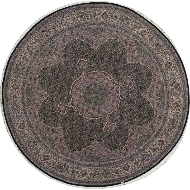 Tapis rond vert et beige noué à la main de haute qualité