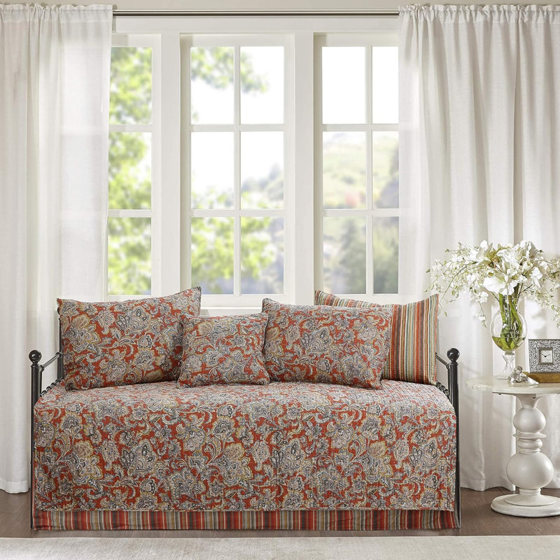 Ensemble de lit de jour 6 pièces - Literie réversible en coton à motif cachemire rétro à motif floral orange cuivré avec jupe de lit, taies décoratives assorties, coussin décoratif