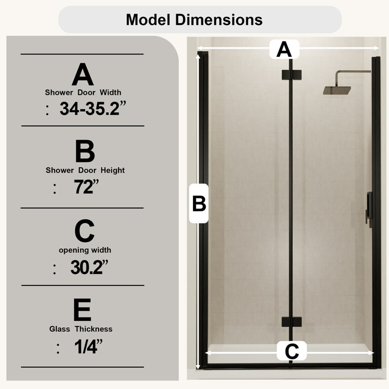34-35.2 in. Semi-Frameless Folding Pivot Hinged Shower Door, 1/4" Tempered Glass, Reversible Matte Black Bifold Panel