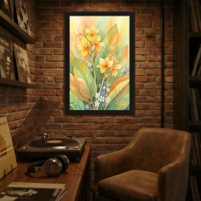 Plantes et fleurs Fleurs jaunes Feuilles vertes Fleurs blanches Accents mauves, H 24 po x l 36 po