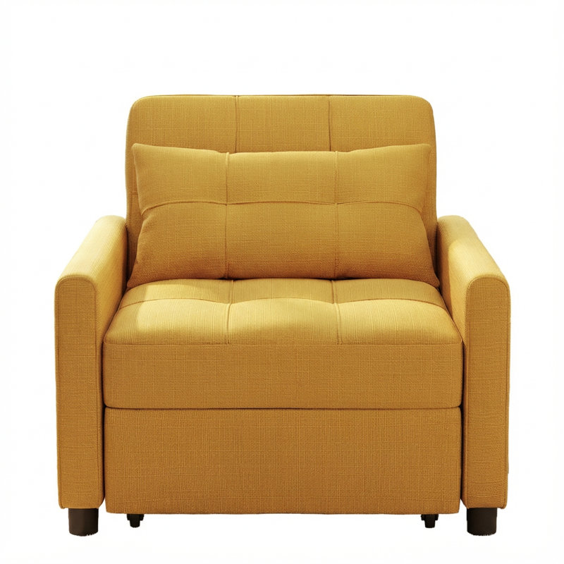 3-in-1 Convertible Accent Chair , Pull-Out Upholstered Sleeper Sofa Bed with Accent Pillow, Yellow Linen