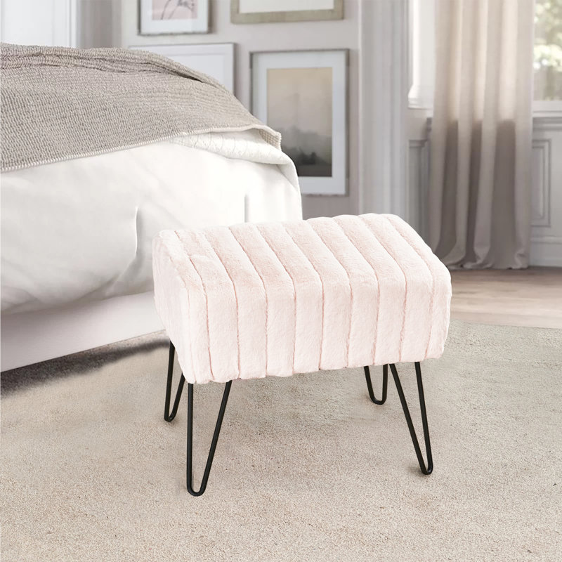 Defranco Upholstered Ottoman, Antique White Faux Fur