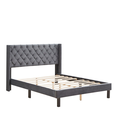 Velvet Button Upholstered Queen Bed - Dependable Wood Slat Frame Gray With Mattress Stand
