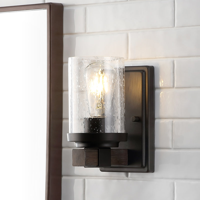 Borth Iron/Seeded Glass Rustic Farmhouse LED Vanity Light, Matte Black/Dark Brown, 1 Light
