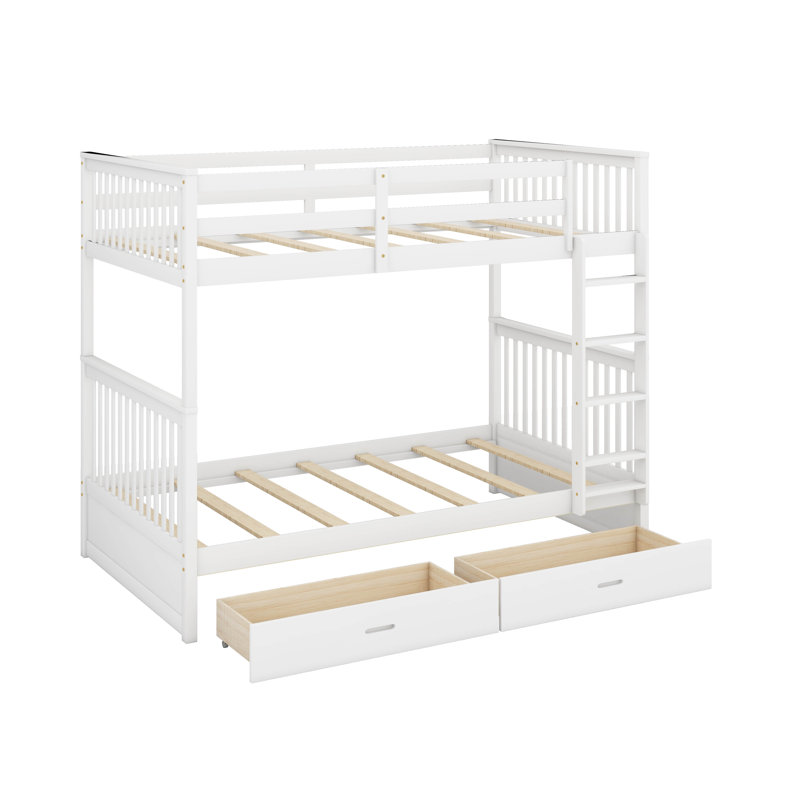 Twin Over Twin Bunk Bed With Ladders And Drawers, White