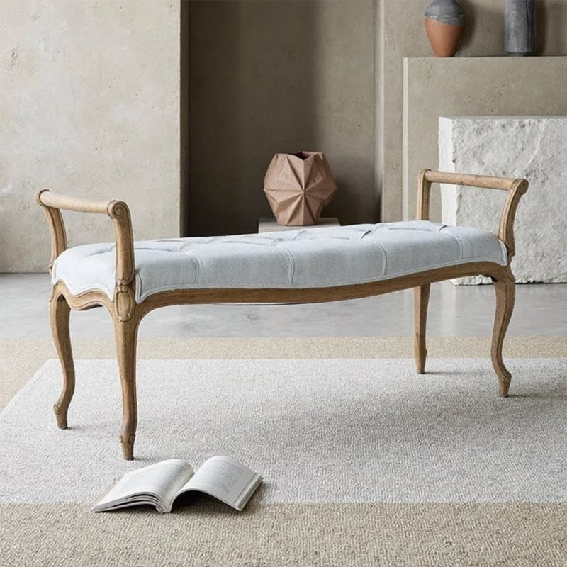 Banc en chêne de style campagnard américain, recouvert de lin et de coton, pour salon et chambre à coucher, Gris