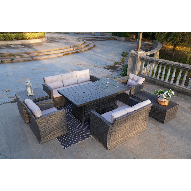 Moda 70 In. X 39 In. X 27 In. Rectangular Wicker Outdoor Gas Fire Pits Dining Set, Grey