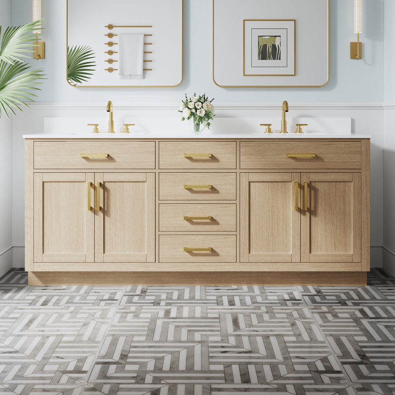Meuble-lavabo autoportant en bois massif l 80 po x H 35 po avec comptoir en marbre de culture blanc et double lavabo en céramique, chêne