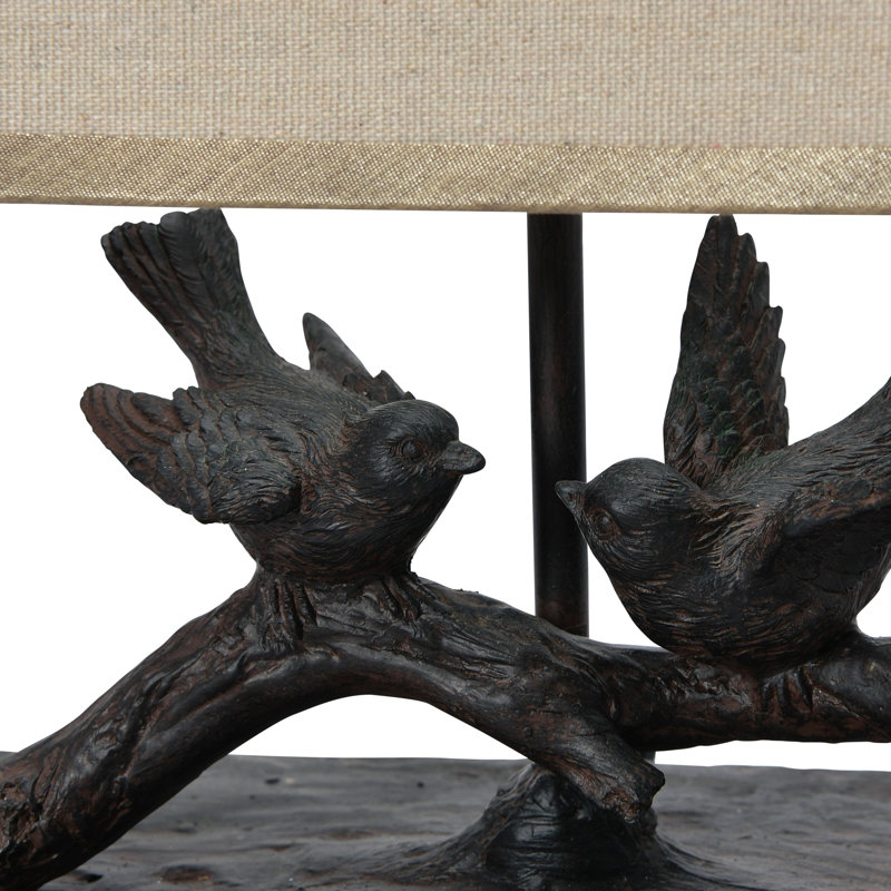 Rustic Resin Bird Lamp with Rectangle Shade, Black Base/Beige Shade