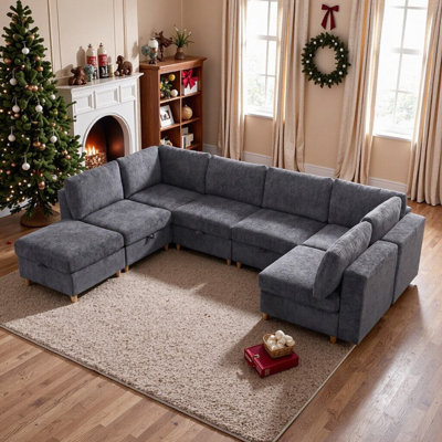 Modular Sectional Sofa With Storage, 8-Seater Convertible Fabric Sofa Set For Living Room