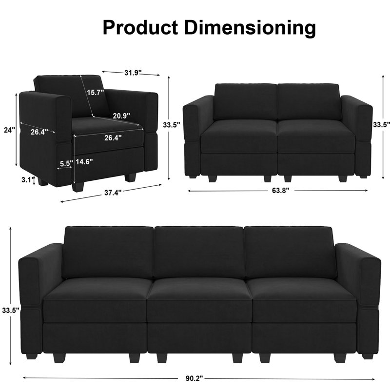 Ensemble de canapé modulaire en velours Ridoy, Velours noir