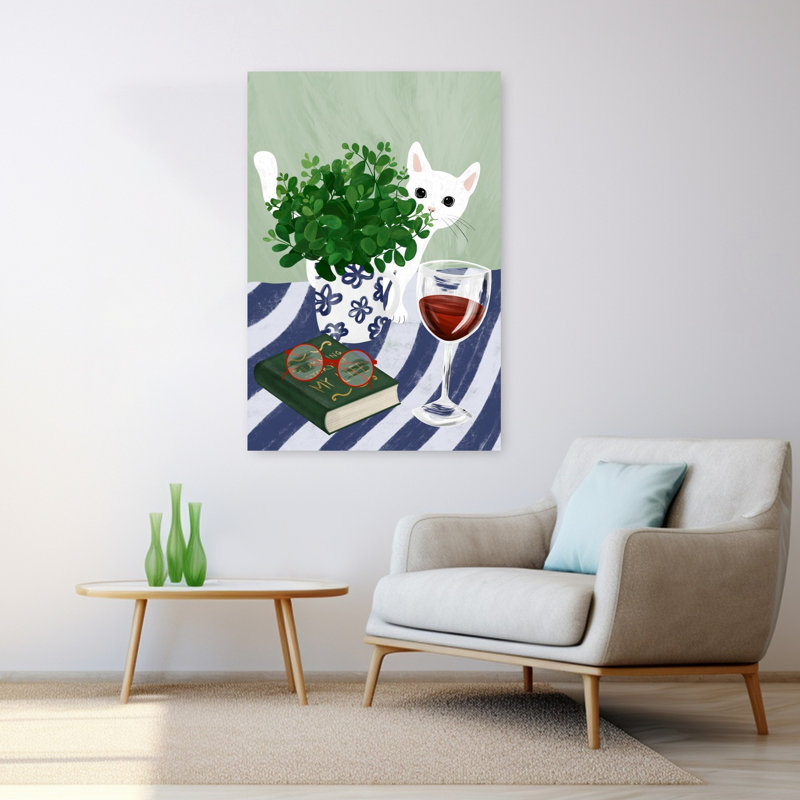 Cozy Cat, lecture, coin, chat, plante, art mural, H 48 po x l 32 po