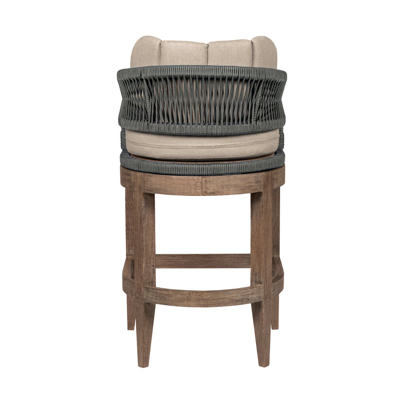 Hareton Outdoor Counter or Bar Stool in Eucalyptus Wood with Gray Rope an Olefin Cushions, 26" H
