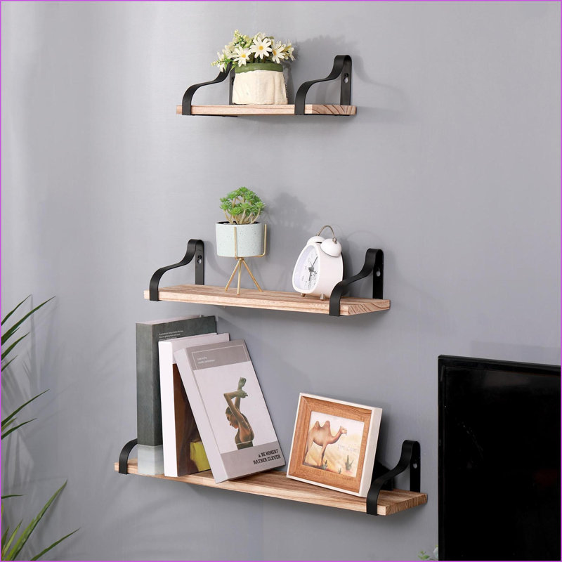 Floating Shelves Set of 3, Rustic Natural Wood Wall Mounted 3 Sizes with Metal Brackets | Natural Wood | Metal & Wood