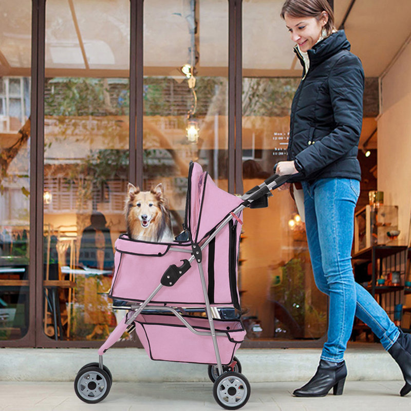 Pink 3-Wheel Folding Pet Stroller for Dogs and Cats