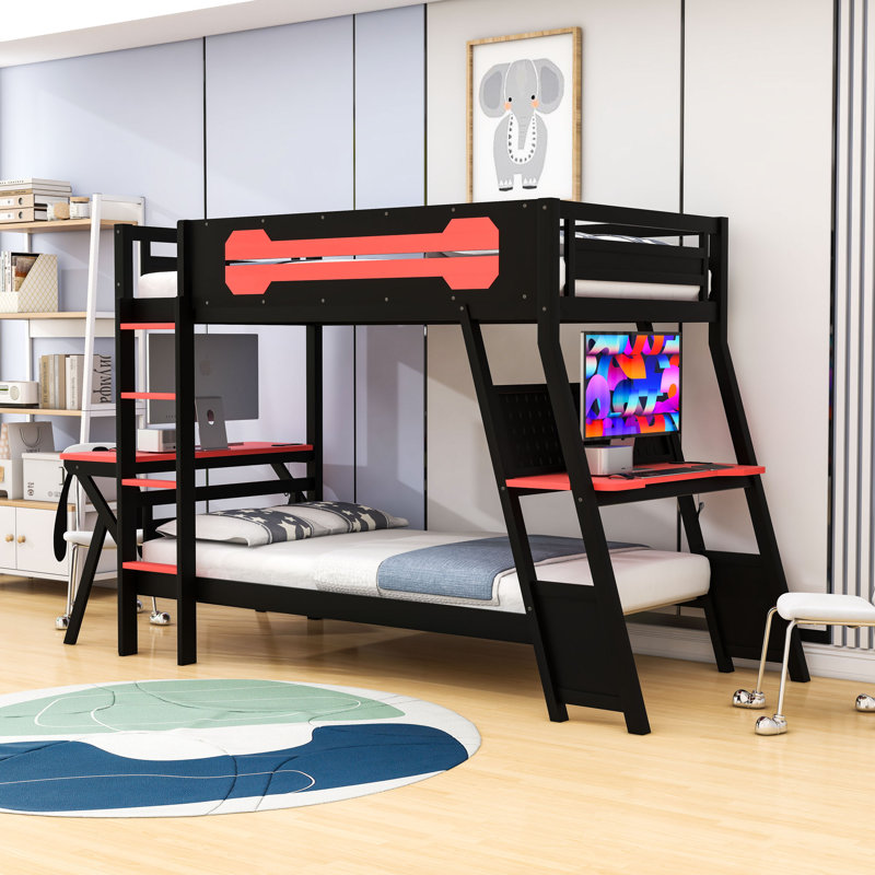 Lit superposé avec ports USB intégrés et panneau perforé, double bureau, Lit superposé simple sur simple, Rouge