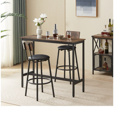Bar Table Set with 2 Bar Stools - Grey, PU Soft Seat with Backrest, 43.31''L x15.75''W x35.43''H