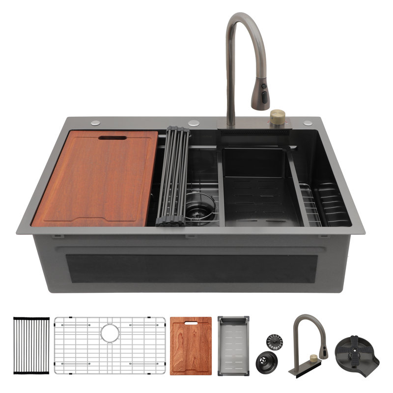 Gunmetal Black Single Bowl 33*22 Inch Kitchen Sink In 16 Gauge Stainless Steel With Unique Waterfall Design, Pull-Out Faucet & Drying Rack 33X22x10 T304 Style, Colander