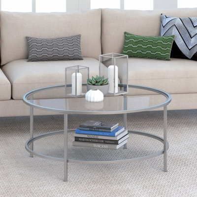Ceno 36" Glass And Steel Round Coffee Table With Shelf