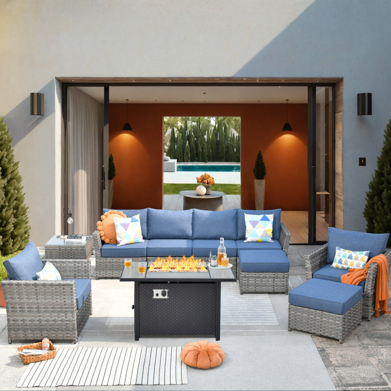 Ensemble de meubles de patio avec coussins 10 pièces Ignatz, Bleu denim