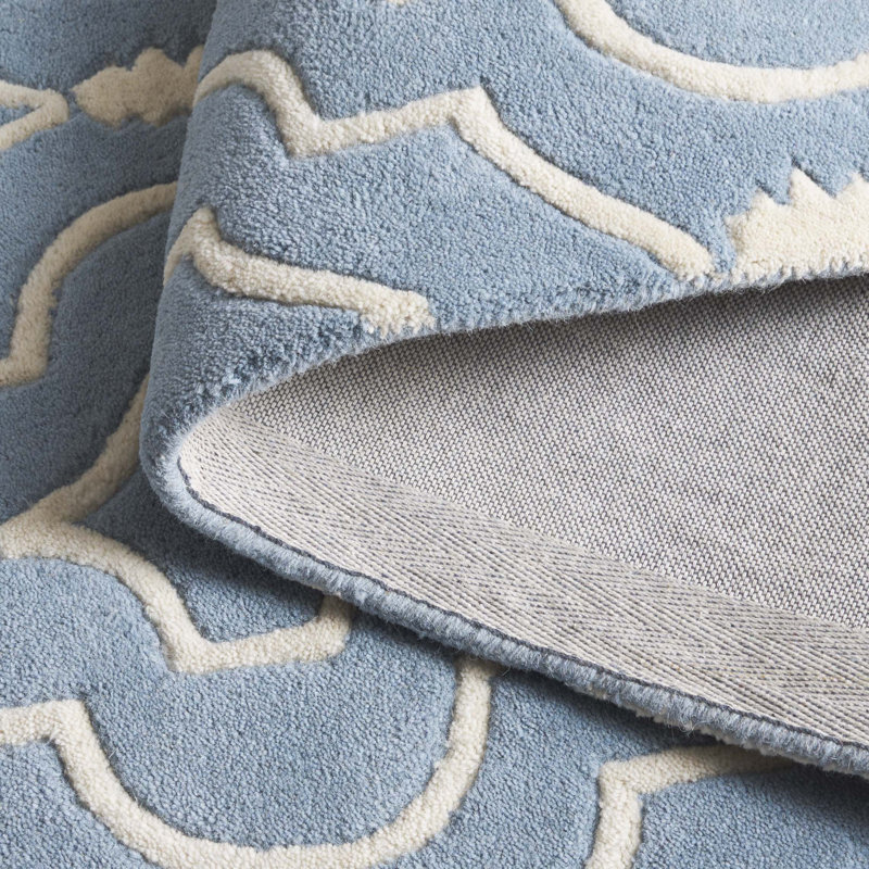 Blue and Ivory Hand-Tufted Wool Geometric Rug