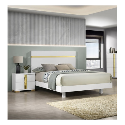 Ensemble de chambre à coucher moderne blanc 3 pièces pour lit king size avec cadre de lit à éclairage DEL et deux tables de chevet, meubles en bois d'ingénierie et métal avec garniture en acrylique