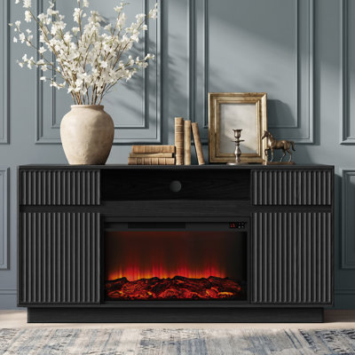 Meuble télé 63,9 po cannelé noir avec foyer électrique de 30 po, meuble multimédia avec tablettes et tiroirs, radiateur 1500 W, convient aux téléviseurs de 70 po et buffet