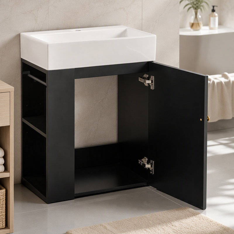 Meuble-lavabo moderne de 20 po avec lavabo en céramique, porte à motif de losanges, poignée dorée, tablettes de rangement latérales, barre à serviettes, panneau de fibres à densité moyenne, assemblage requis