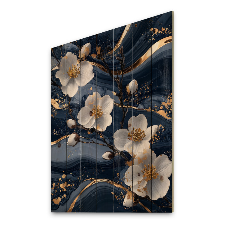 Golden Marble Dogwood Tree Fantasy I - Dogwood Wood Wall Art - On Natural Pine Wood, 20" H x 10" W x 0.78" D