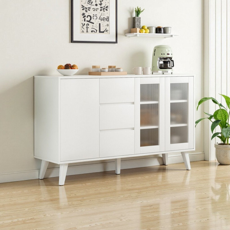 Buffet Farmhouse Buffet, rangement en bois rustique blanc de 55,5 pouces de largeur avec 3 tiroirs et portes escamotables, organisateur de bar à café pour la salle à manger, la cuisine et le salon