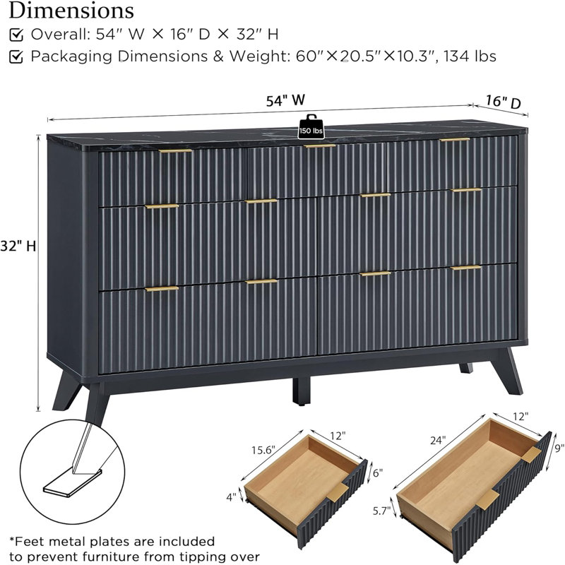 Commode à 7 tiroirs avec design cannelé, Gris foncé