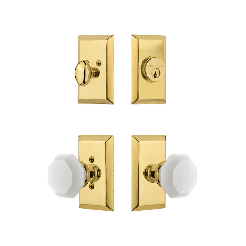 Nostalgic Warehouse Studio Entry Set with White Waldorf Crystal Knob, 2.75, Polished Brass