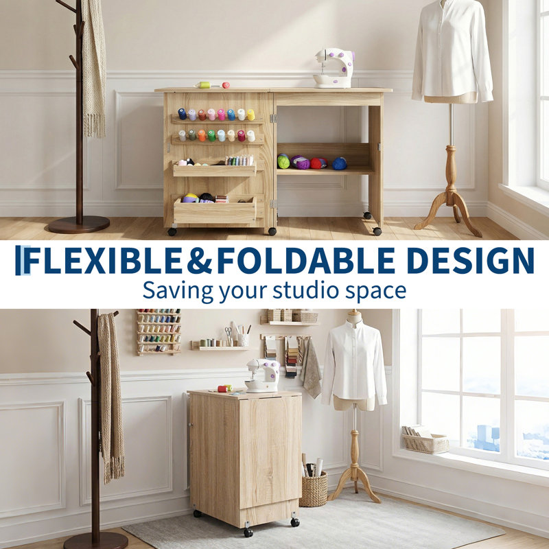 Table de couture pliante, table de machine à coudre multifonctionnelle au design compact, poste de travail portatif et bureau d'appoint avec roulettes verrouillables, étagères de rangement, plateaux de rangement, chevilles en bois, fermetures magnétiques